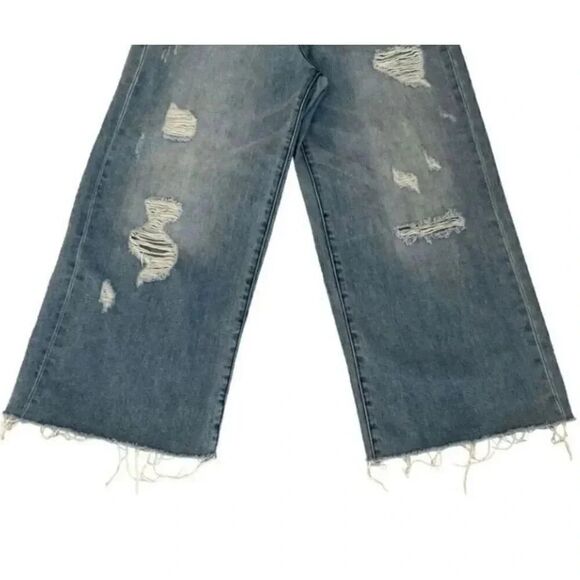 Habitual Poplor Blue  High-Waist Y2K Wide Leg Crop Jeans Distressed Raw Hem SZ 2 - Picture 8 of 11